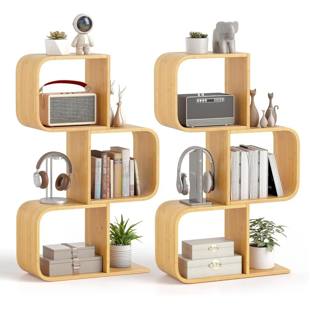 

3-Tier Bamboo Bookshelf Set, S-Shaped Storage, Geometric Display, Living Room/Home Office Organizer, Natural Finish
