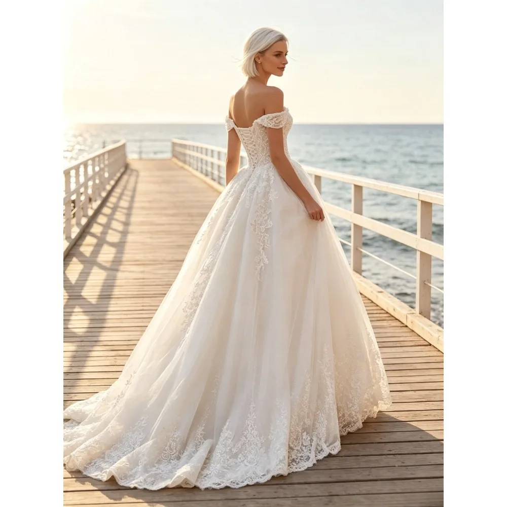 Customized Lace Decal Wedding Dress New Sweetheart Off Shoulder with Cathedral Trailing Elegant Bridal Gown Suitable for Parties
