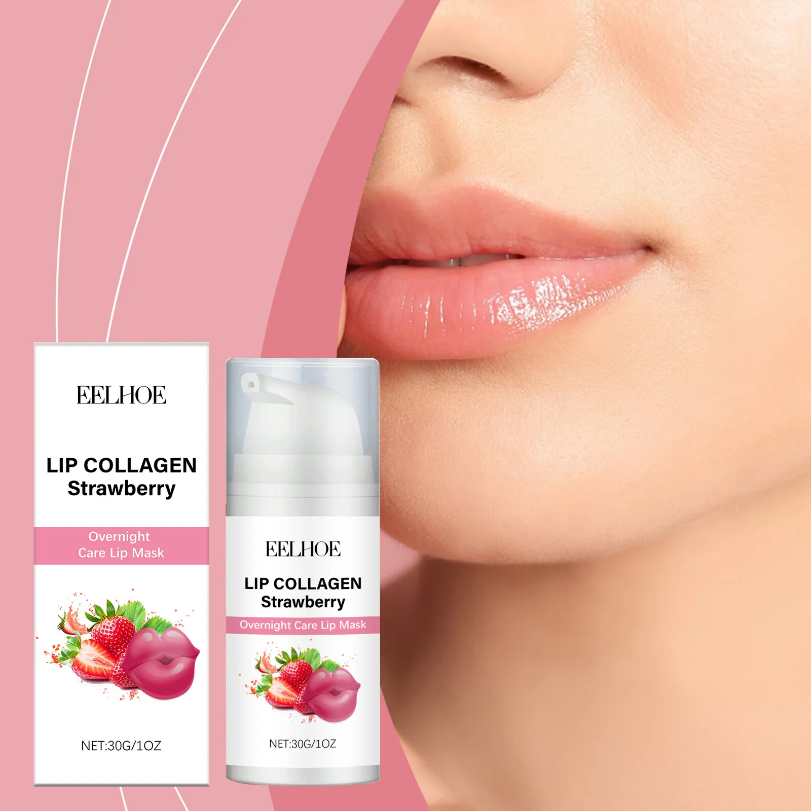 Maschera notturna al collagene labbra alla fragola - Trattamento labbra rimpolpante e idratante - Maschera per dormire labbra vegana