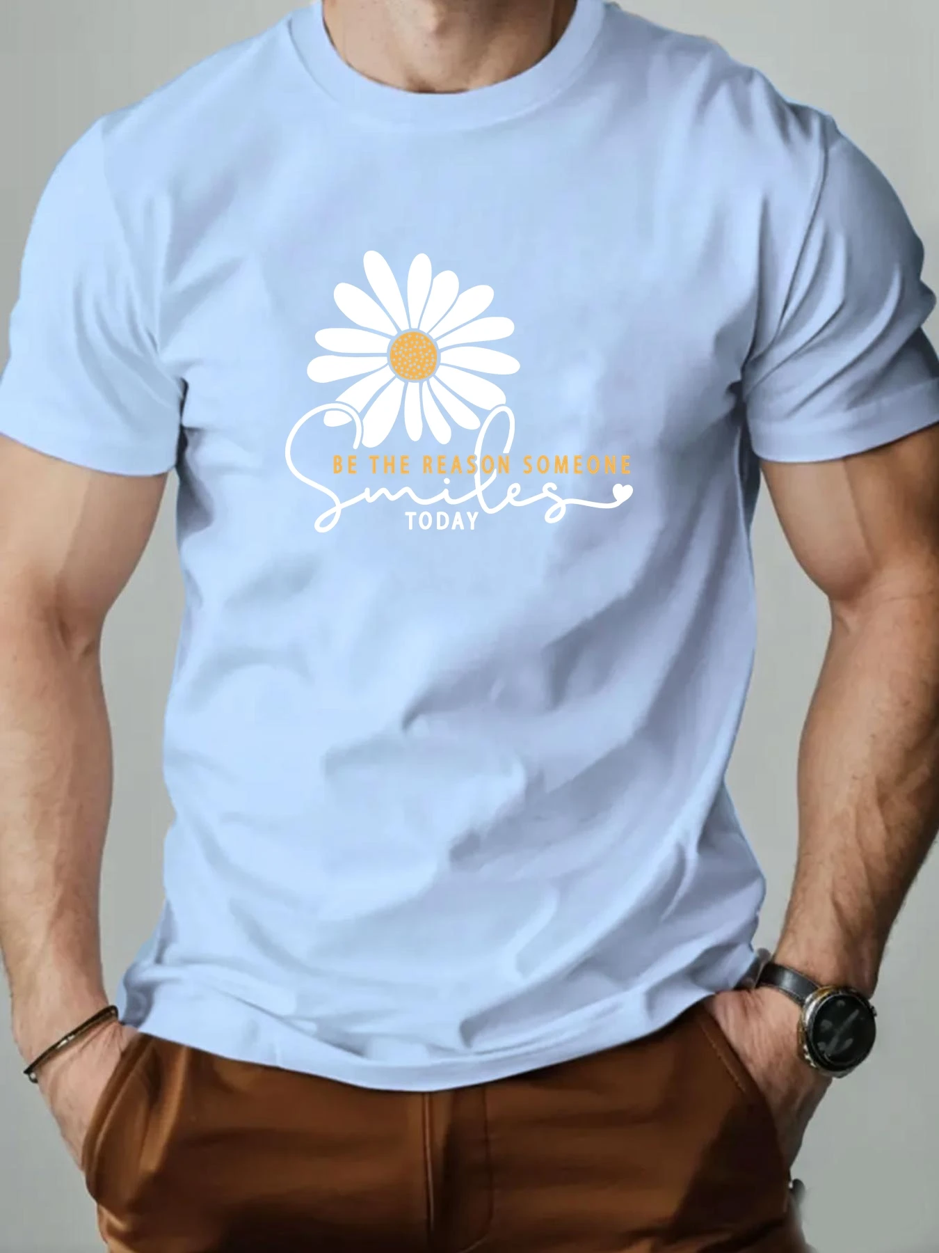 Summer Men 100% Cotton Daisy Cartoon Pattern Print  Breathable Round Neck Loose Short Sleeve Casual Daily Wear Tee Top
