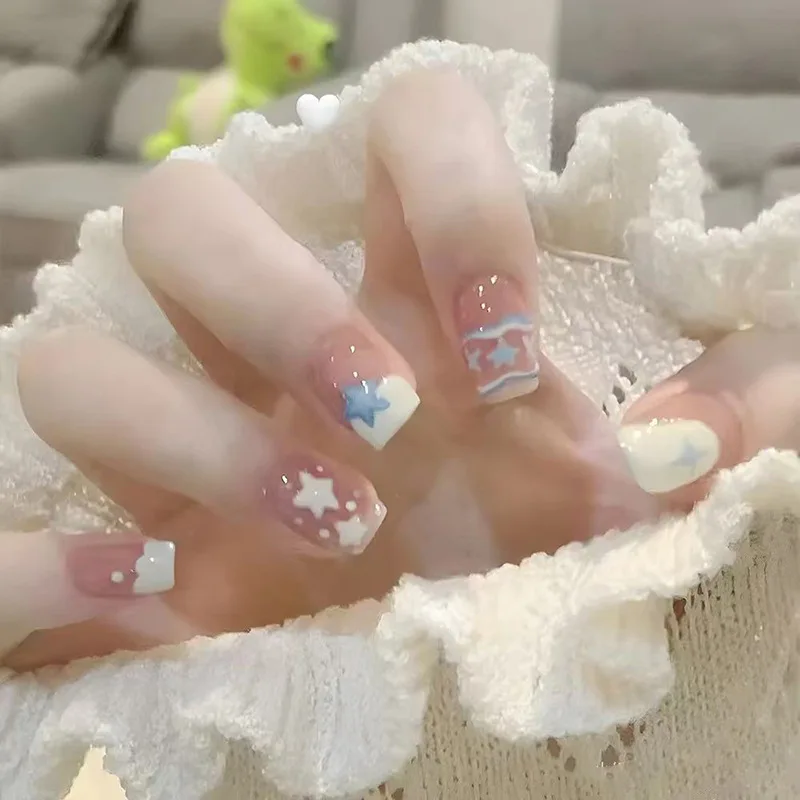 

24pc Starry Sky Nails Milky Blue Ballet Press-Ons Short Length & Mix Sizes False Nails with Star Prints