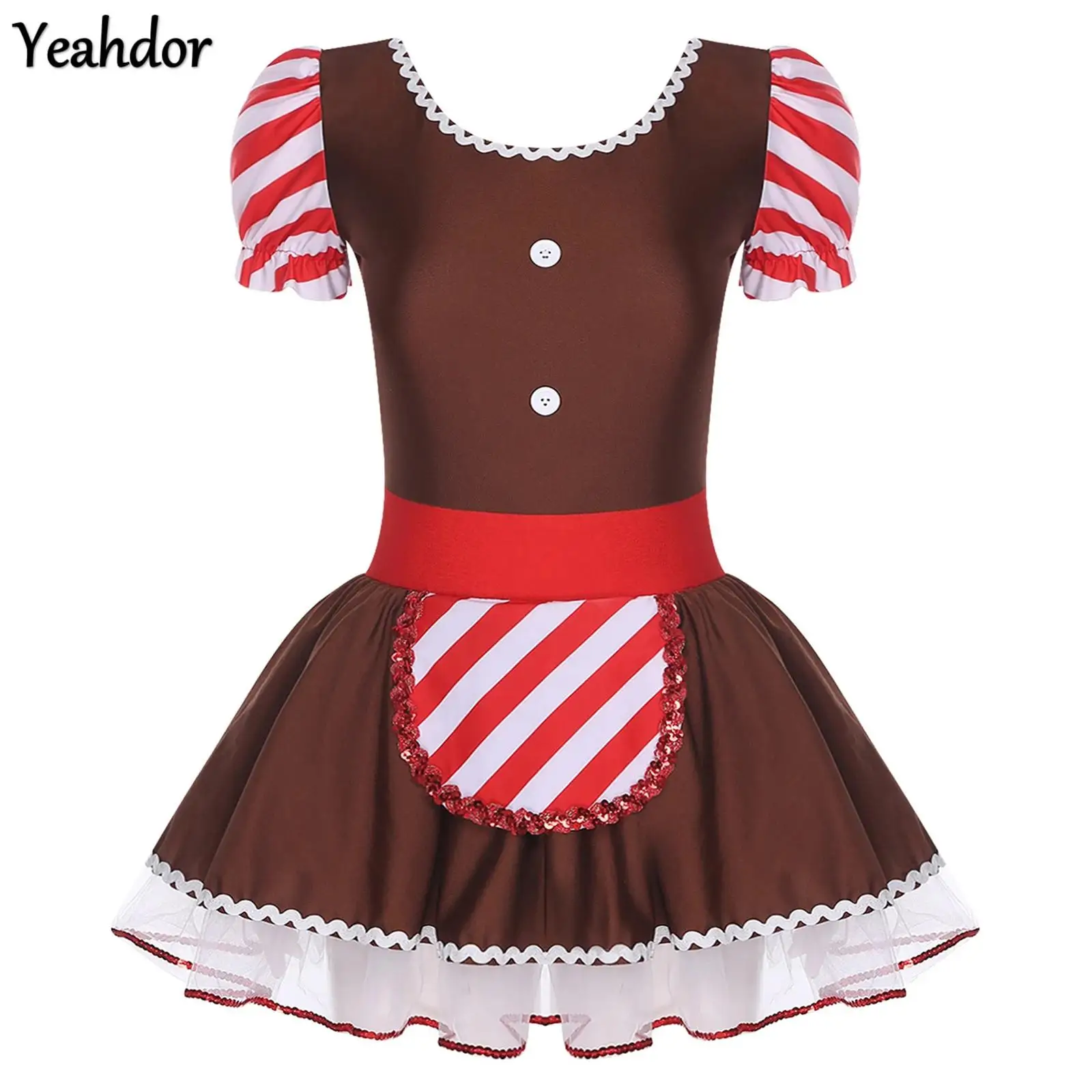 

Women Christmas Gingerbread Man Costume Candy Cane Tutu Dress Puffy Short Sleeve Santa Cookie Skating Ballet Leotard Dresses