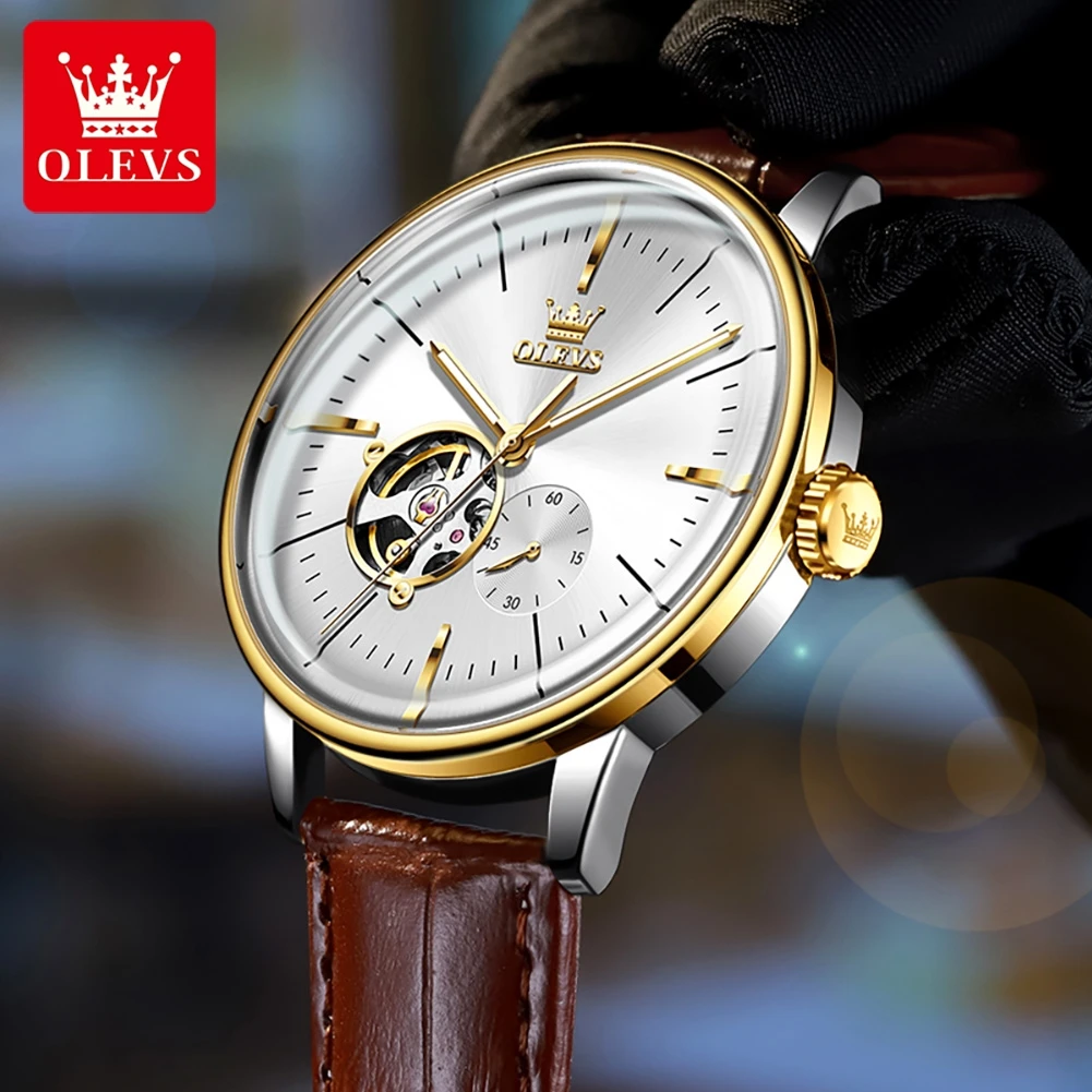 OLEVS 6708 ساعة ميكانيكية للرجال موضة الزجاج المقوس التلقائي ساعات رجالية جوفاء بسيطة فاخرة العلامة التجارية الأصلية ساعة رجل