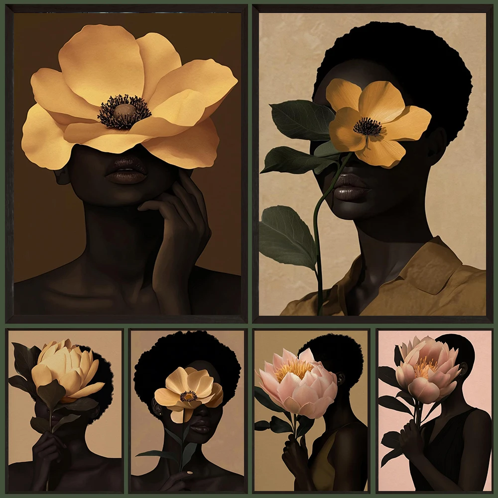 

Abstract African American Portrait Art Prints Flower Head Woman Boho Wall Art Canvas Painting Modern Aesthetic Home Decor