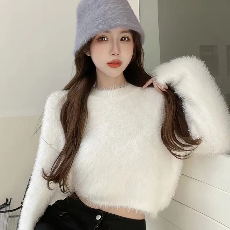 Women Sweater Top Faux Mink Hairy Pullover O Neck Long Sleeve Loose Short Sweater Lady Casual Soft Warm Jumper Knitted Tops