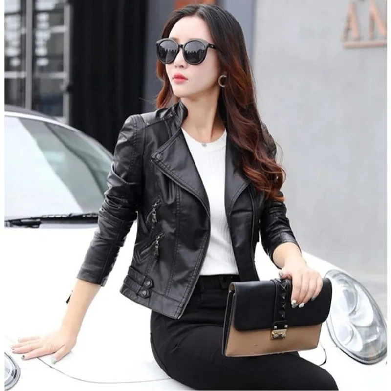 Women\'s Black Leather Coat 2024 Spring And Autumn New Slim Short Leather Jacket Female Clothing