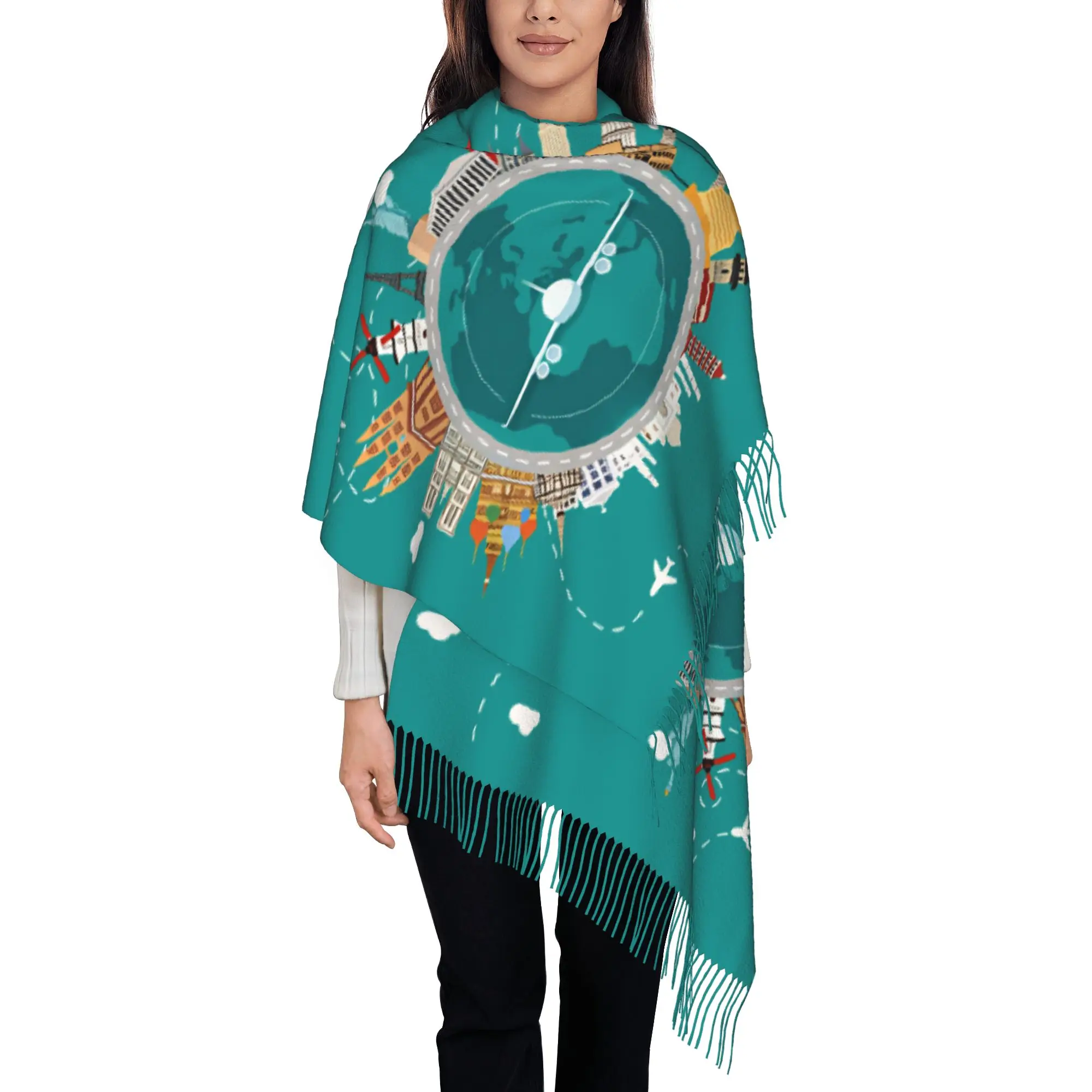Custom Print Flat Globe Airplane World Landmarks Travel Print Scarf Men Women Winter Fall Warm Scarves Shawls Wraps