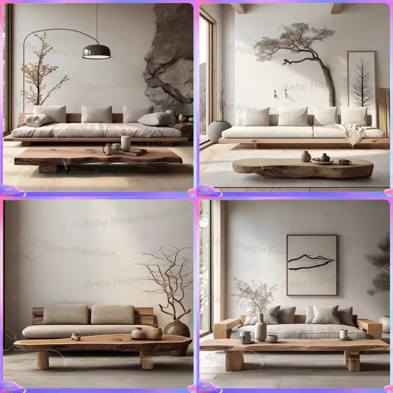 Japanese Wabi-Sabi Style Solid Pine Wood Straight-Line Modular Two-Seater Sofa Suitable for Three People Living Room