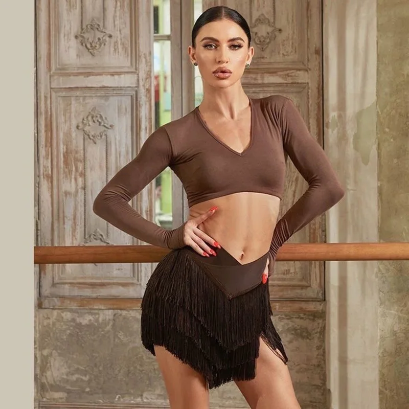 Latin Dance Skirt Adult Abiti Da Ballo Latino Competizione Nuovi Women Female Tango Cha Cha Professional Practice Tassel Skirt