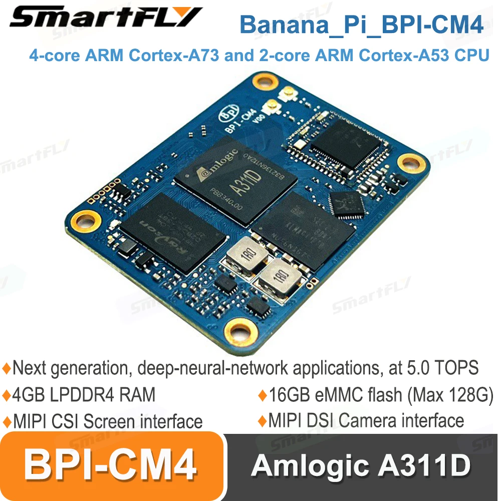 

Четырехъядерный процессор Banana Pi BPI-CM4 Amlogic A311D ARM Cortex-A73 4G LPDDR4 16G eMMC Minipcie 26PIN, совместимый с raspberry Pi CM4