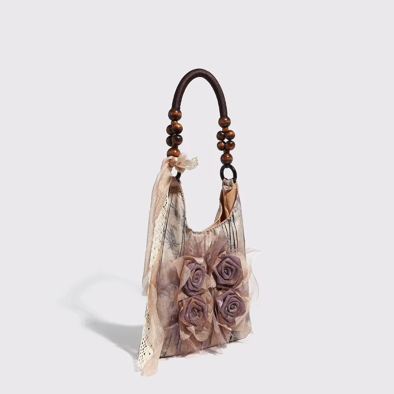 Chinese Style Vintage Tie-dye Three-dimensional Rose Handbag Autumn New Design Women's Floral Pleated Beaded Strap Shoulder Bag