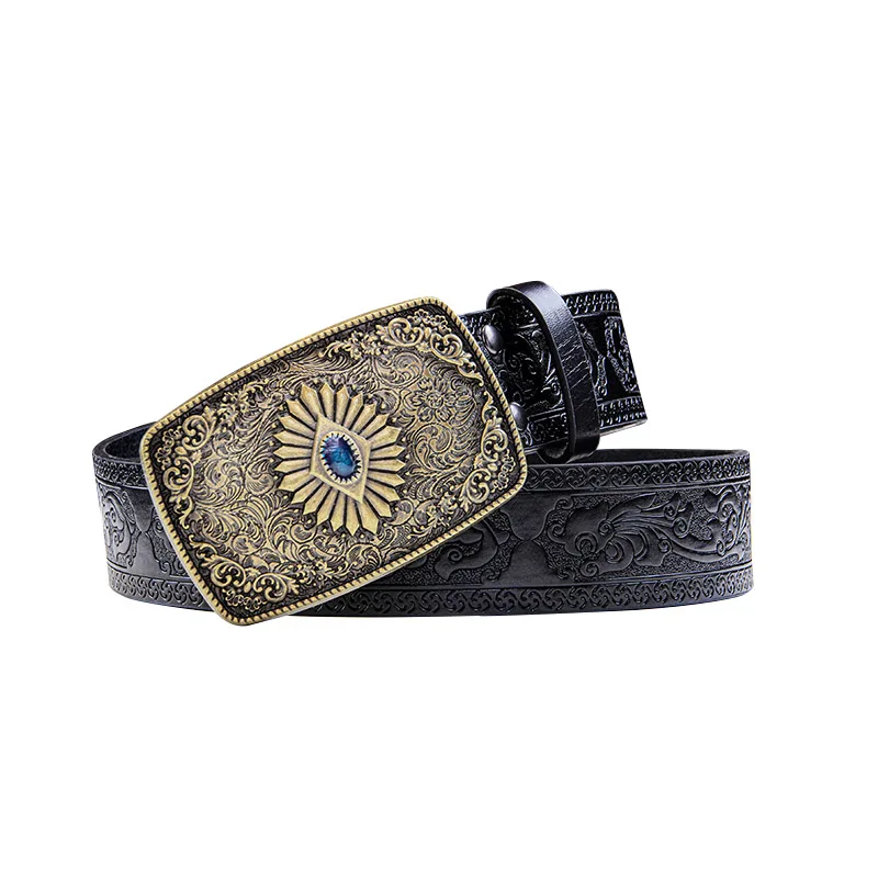 

Ethnic Style Women's Belt with Gemstone Buckle Trendy Retro Youth Punk PU Versatile Engraved Fashion Accessory for Ladies