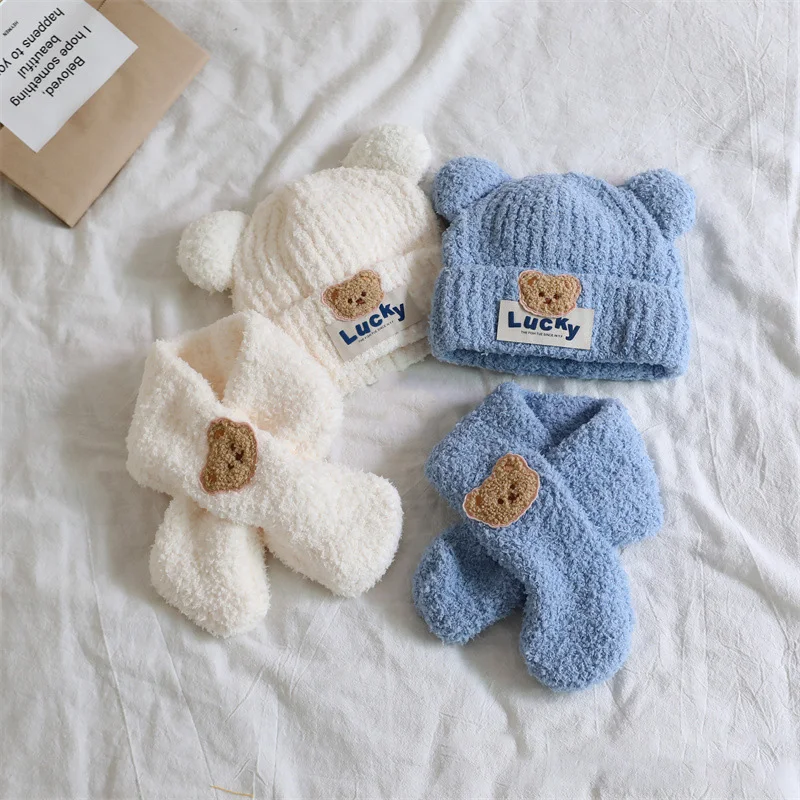 가을 겨울 곰 아기 모자 스카프 세트, 부드러운 뜨게 모자, 소년 소녀 유아 비니, 귀여운 따뜻한 어린이 액세서리