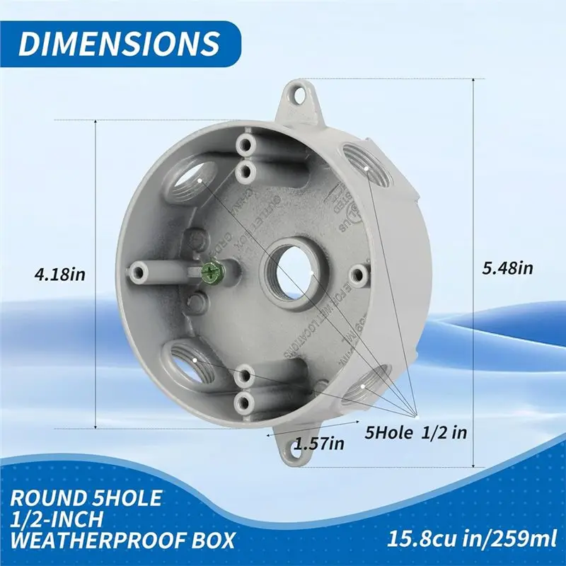 【AA86】Construction Gray Round Weatherproof Electrical Box, 5-Hole 1/2