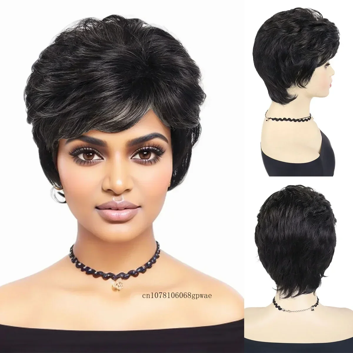 Peluca sintética de corte Pixie negro Natural para mujer, pelucas afroamericanas cortas y rizadas con flequillo, disfraz de fiesta diario resistente al calor