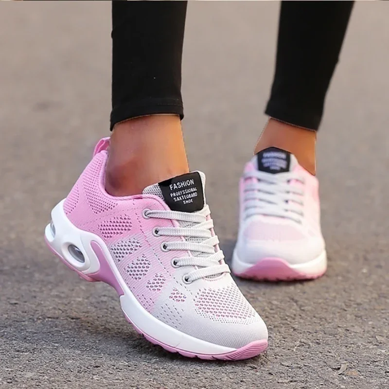 Casual Women Sneakers Air Cushion Platform Flat Shoes Femme Tennis Trainers Breathable Fly Wire Hit Color Comfort Zapatos Mujer