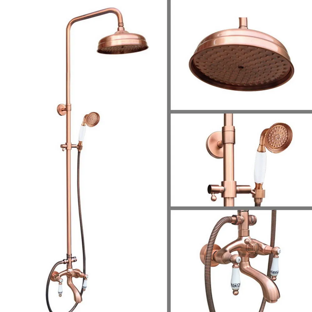 

8" inch Shower Head Rain Shower Faucet Set Antique Red Copper / Dual Ceramic Handle Bathroom Tub Mixer tap Wall Mount trg534