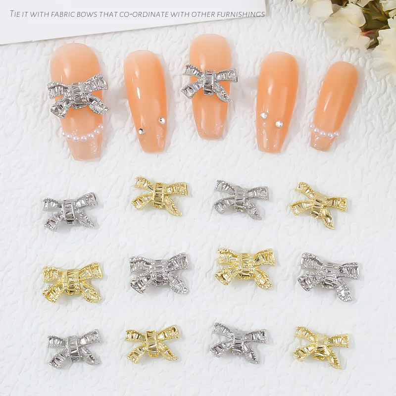 10pcs/lot 3d Bow Tie Nail Art Charm Decoration Accessories Gold/silver Rhinestones AB Glitter DIY Metal Manicure Parts&JE13