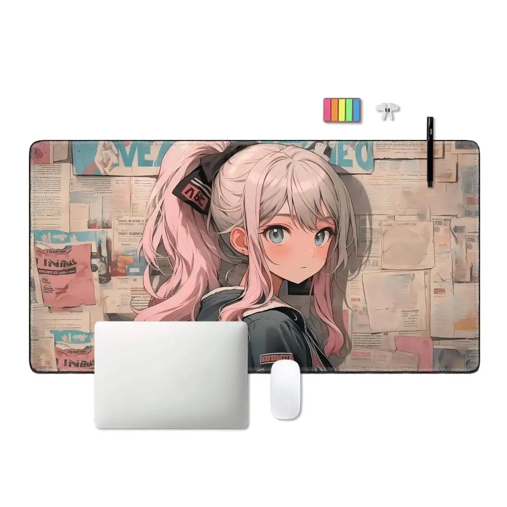 Cute Anime Girl Mouse Pad Pink Mousepad Big Kawaii Mouse Mat Computer Large Play Rubber rug Jinx Desk Mat Girls Beautiful 90x40