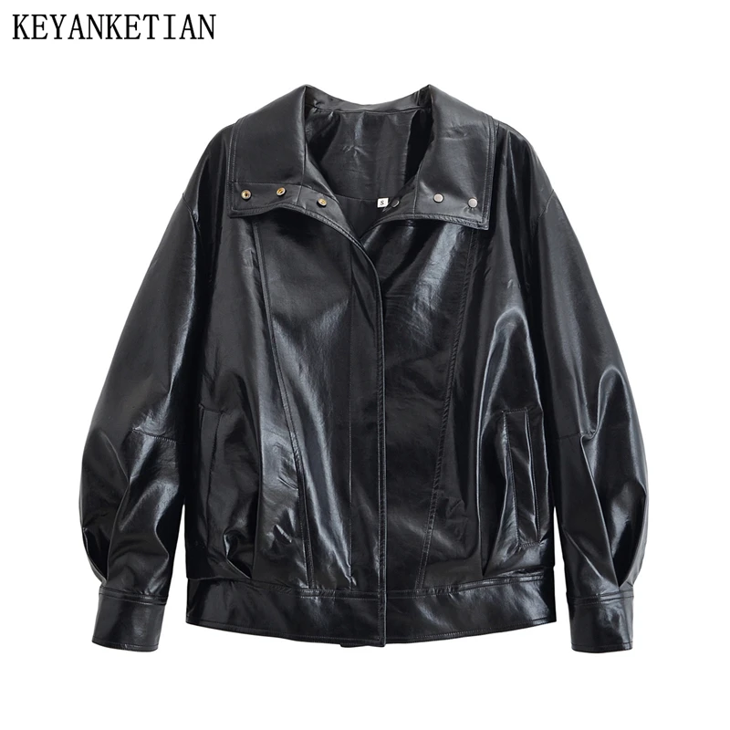 

KEYANKETIAN осенне-зимняя новая женская однобортная свободная черная куртка из искусственной кожи, женская куртка из искусственной кожи