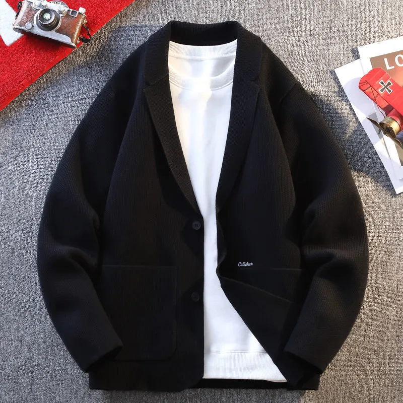 

Вязаный кардиган-жакет мужской осенне-зимний, с отложным воротником, свитер, верхняя одежда, молодежный корейский тренд, укороченное пальто в западном стиле