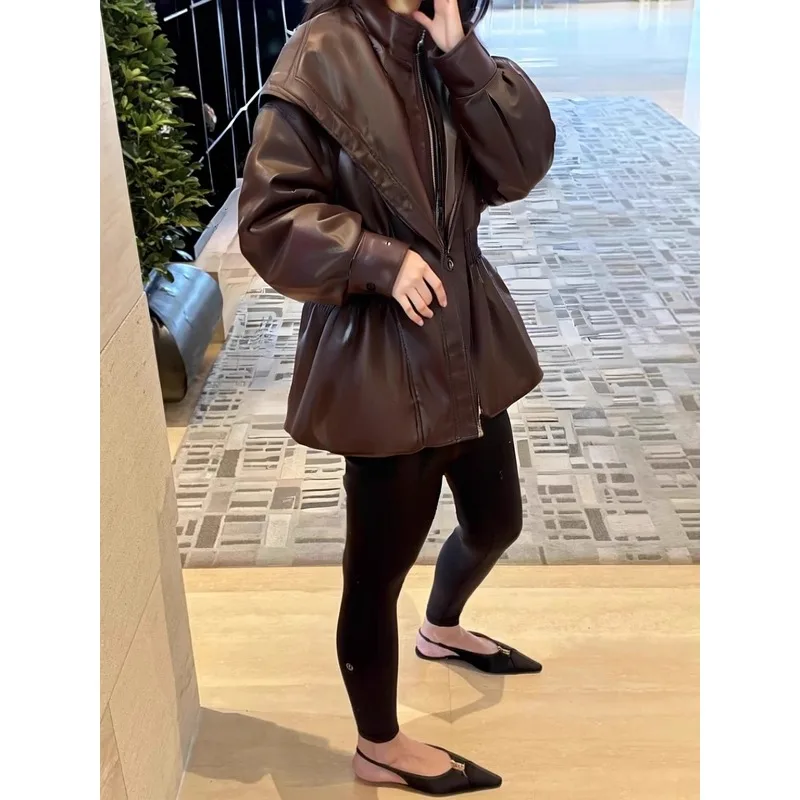 Jaquetas e Casacos Femininos de Outono e Primavera em Couro Sintético com Gola Lapela e Mangas Sino: Novidade, Exclusivo, Chique, Moderno e Minimalista