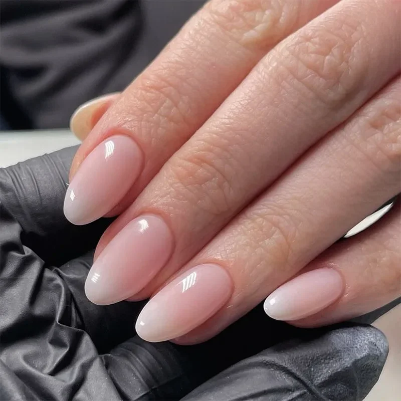 Roze gradiënt witte Franse romantische amandel nagelkunst draagbaar eenvoudige nepnagels afneembare afgewerkte kunstnagels druk op nagels