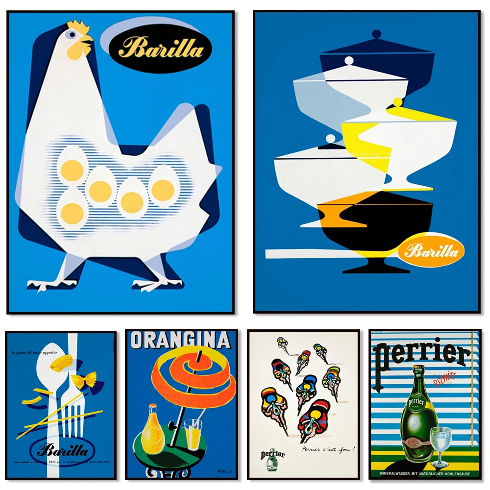 Vintage-Nudelposter – Orangina-Getränke, Makkaroni-Nudeln, Perrier-Soda-Flaschen, italienische Werbeplakat, Heimdekoration