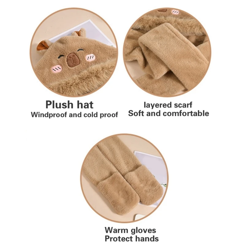 Cartoon Beear Ear Plush Trapper Hat Women Hooded Scarf Caps Winter Warm Headwear K3KF