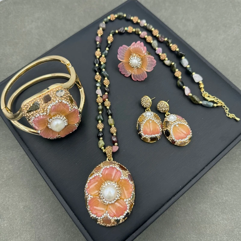 French Style Natural Tourmaline Crystal Rose Camellia Shell Pearl Flower Jewelry Set Necklace Ring Bracelet for Women Wedding