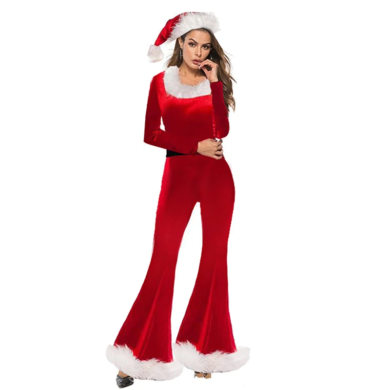 Women Red Christmas Costumes Cute Long Sleeve Flared Jumpsuit and Santa Hat Set for Cosplay Role-Playing Party Outfits