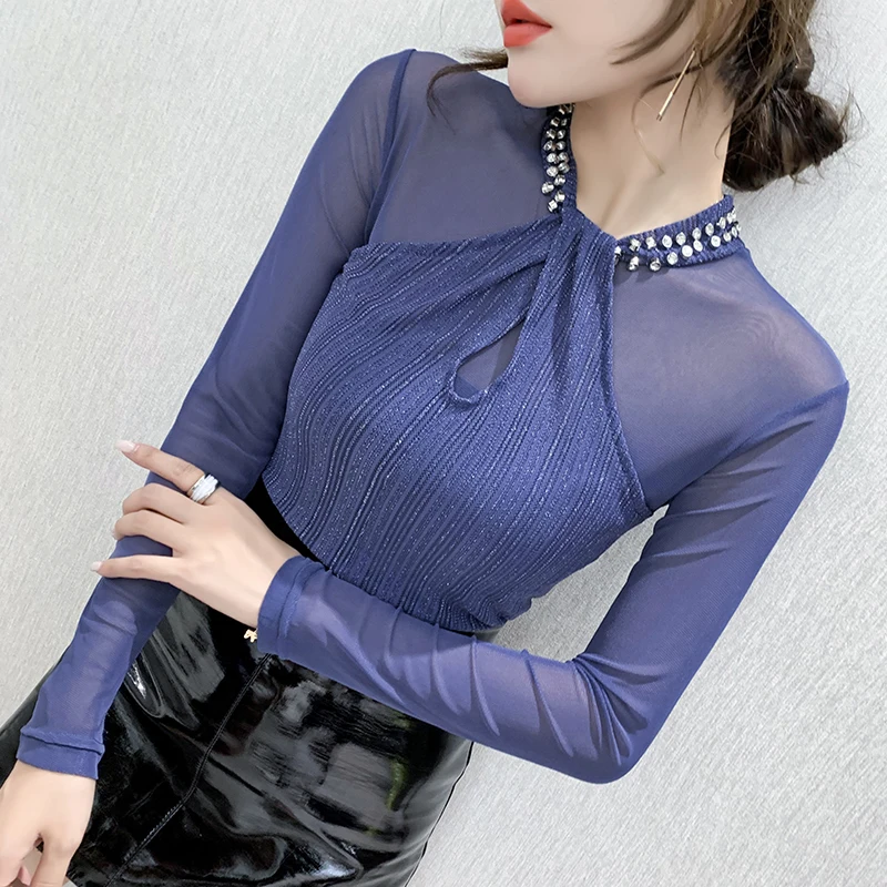 MadBlack New Autumn Long Sleeve Women T-shirts Fashion Sexy Mesh tops Beaded Solid Color Woman tshirts Plus Size blusas T29524S