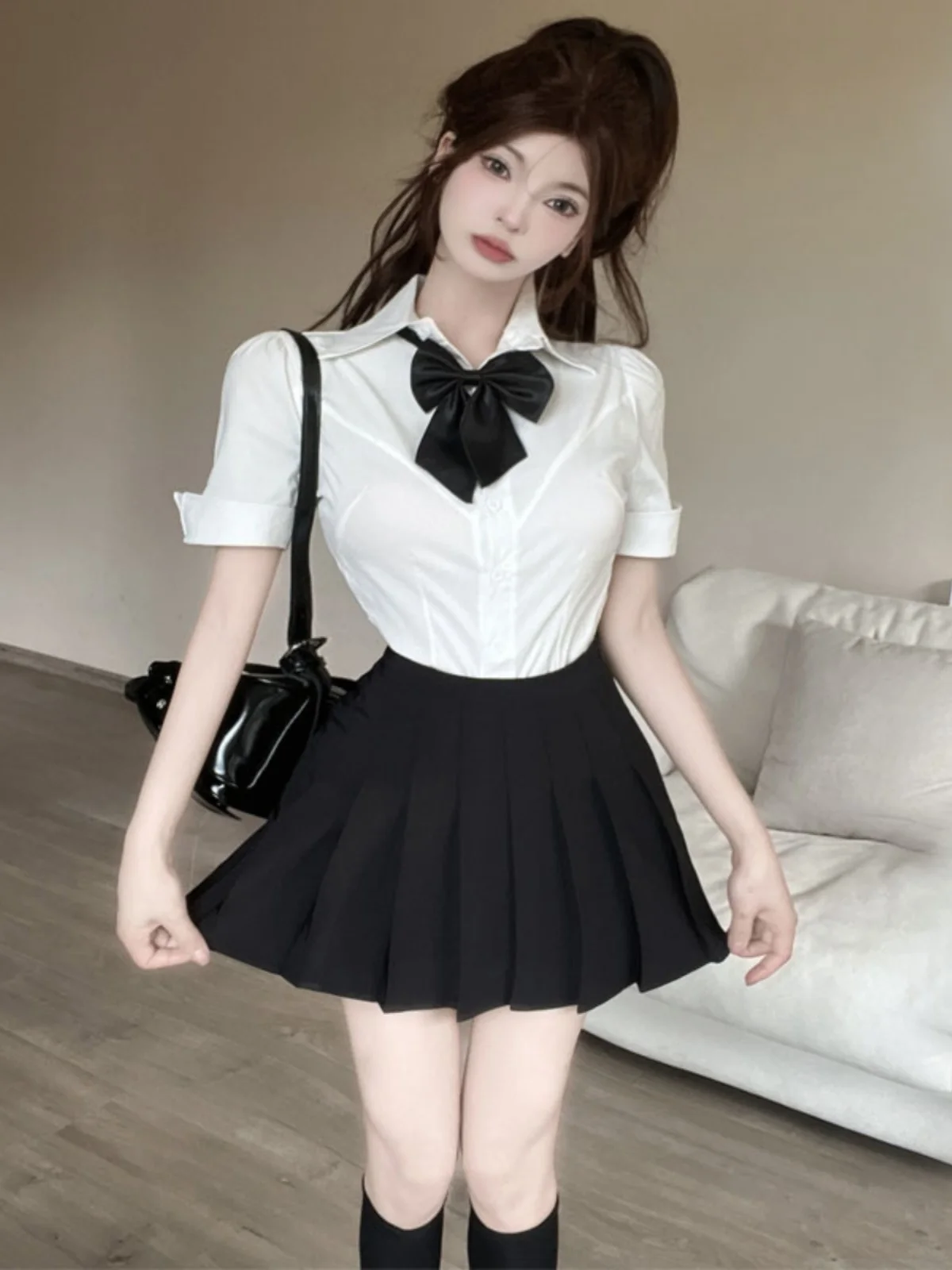 

Summer Short Sleeve Collar Shirt And High Waist Pleated Skirt Two Piece Set Fashionable Female Group Style by Gege Home