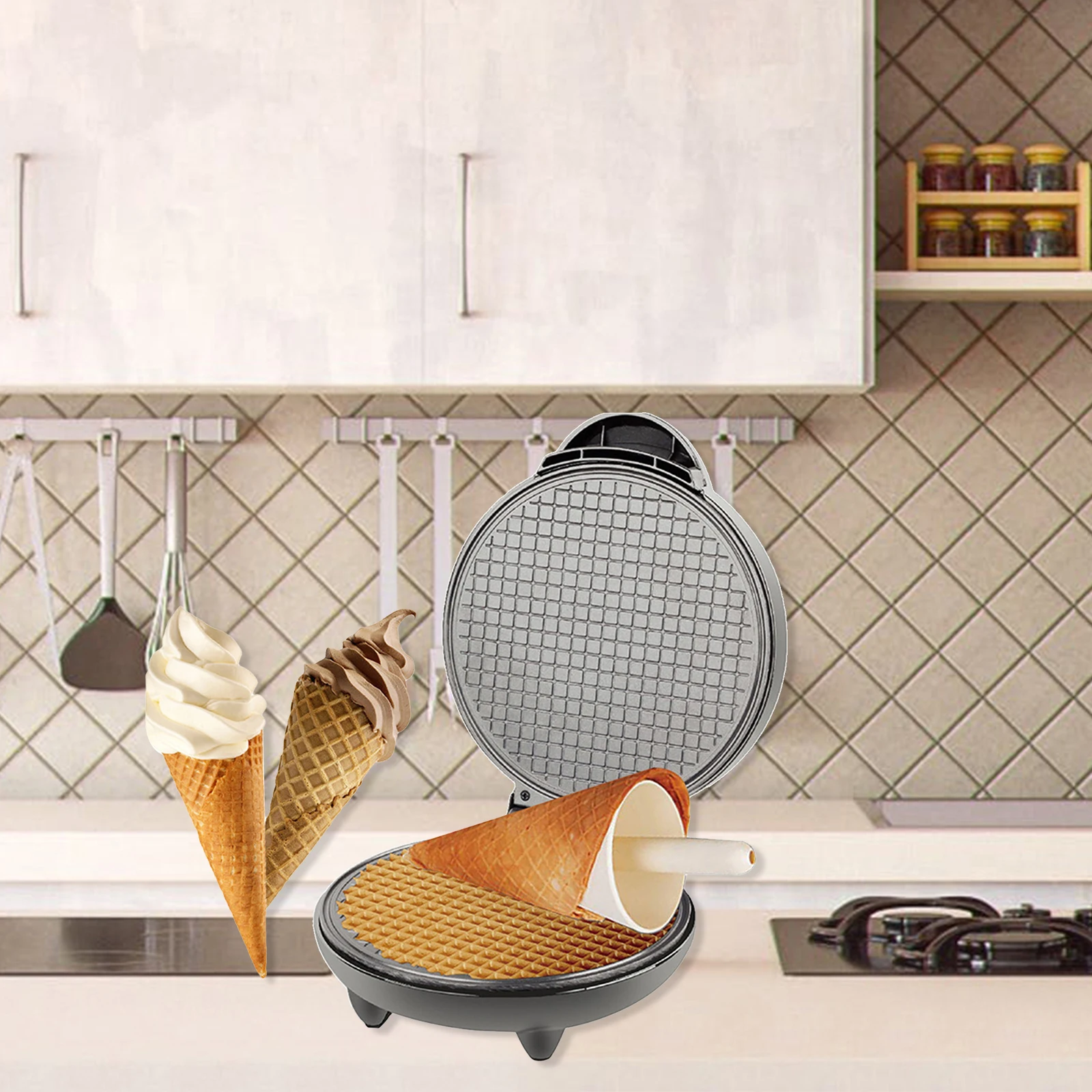 1200W Electric Ice Cream Cone Maker Nonstick Waffle Cone Bowl Maker Stainless Steel Roller Waffle Baking Iron Machine