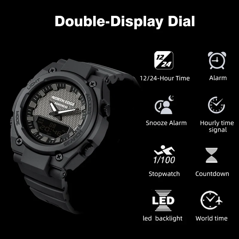 NORTH EDGE FORTRESS 2027 Men's Military Digital Watch Outdoor Sports Waterproof 50M Watches World Time Countdown LED Wristwatch