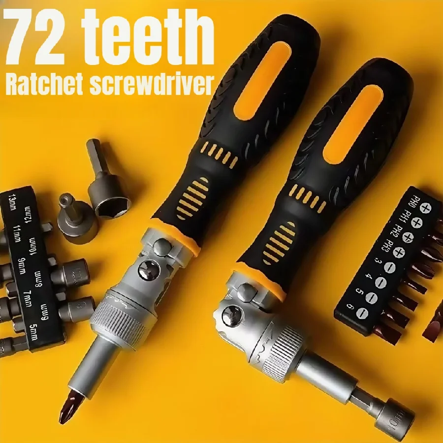 

72-Tooth Ratchet Two-Way Screwdriver Set Bendable Labor-Saving Bit Kit Flathead & Phillips Household Maintenance Tool