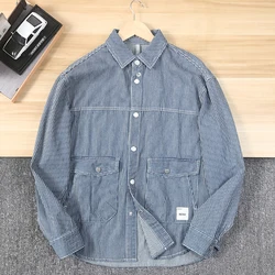 American High Street Shirts for Men 100% Cotton Yarn woven jacquard stripes workwear coats 2024 Spring youth Male Outwear jacket