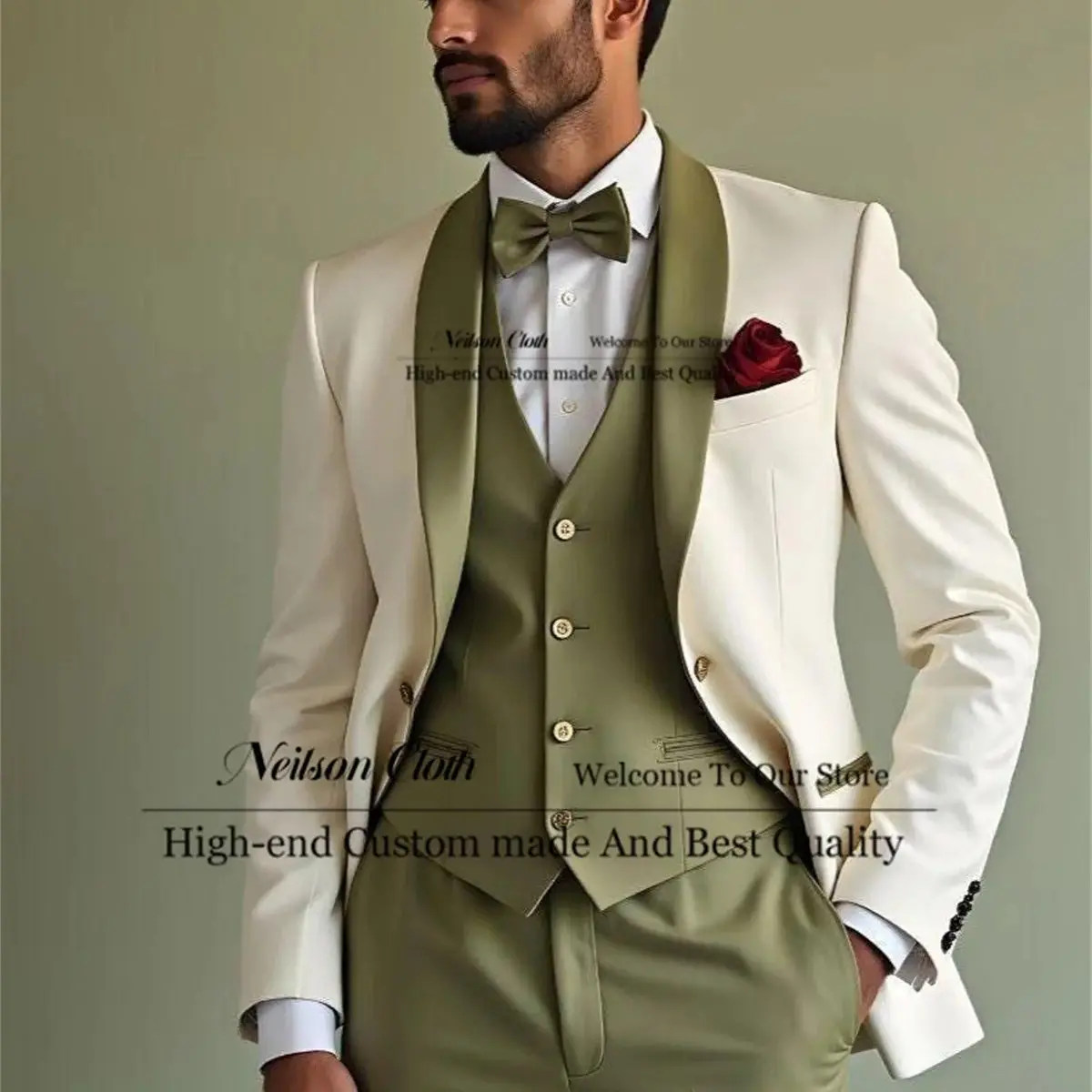 

Beige And Army Green Male Prom Blazers 3 Pieces Sets Groom Wedding Tuxedos Business Customized Shawl Lapel Terno Masculino