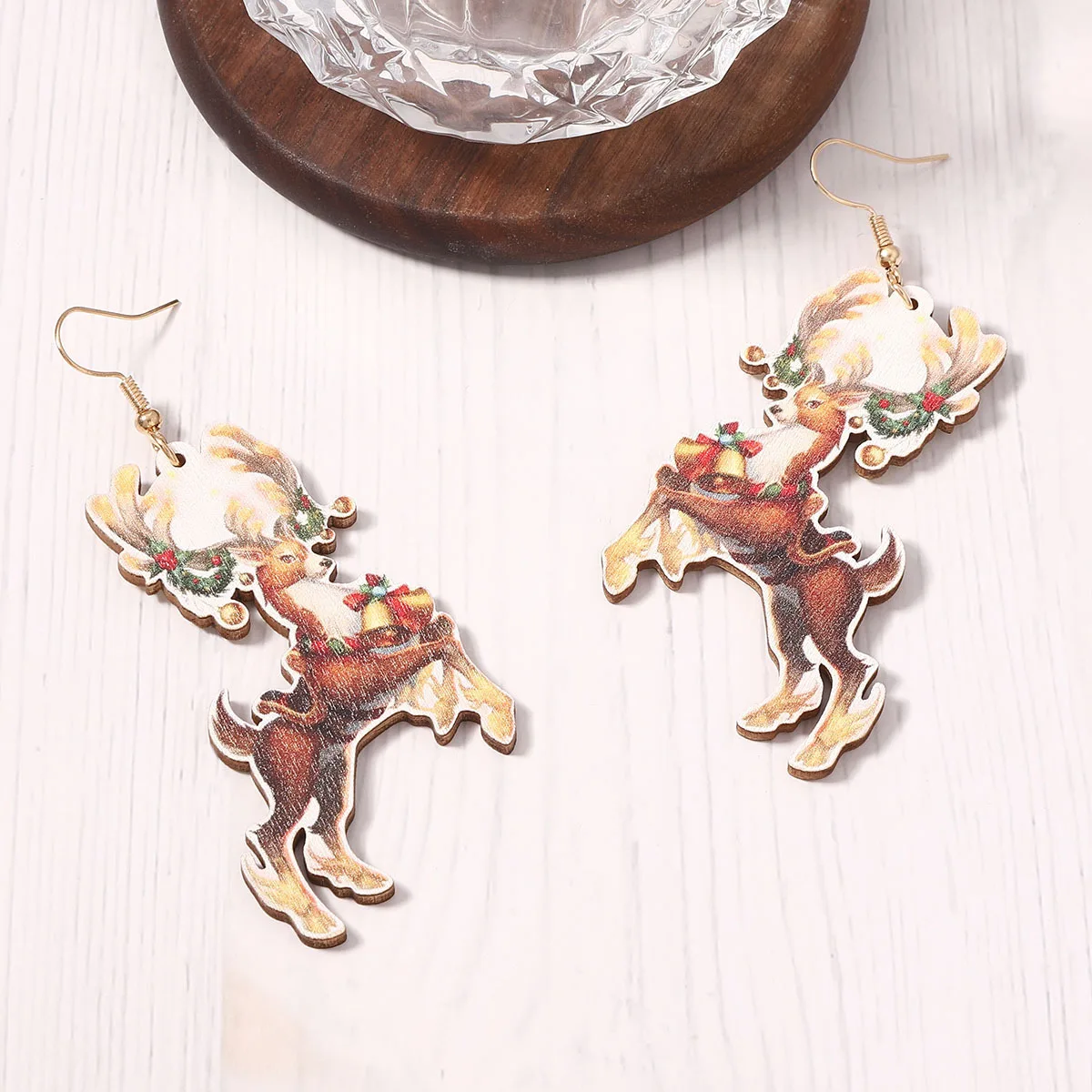 Christmas new wooden painting cute smart elk ear hook, niche creative design sense women's model
