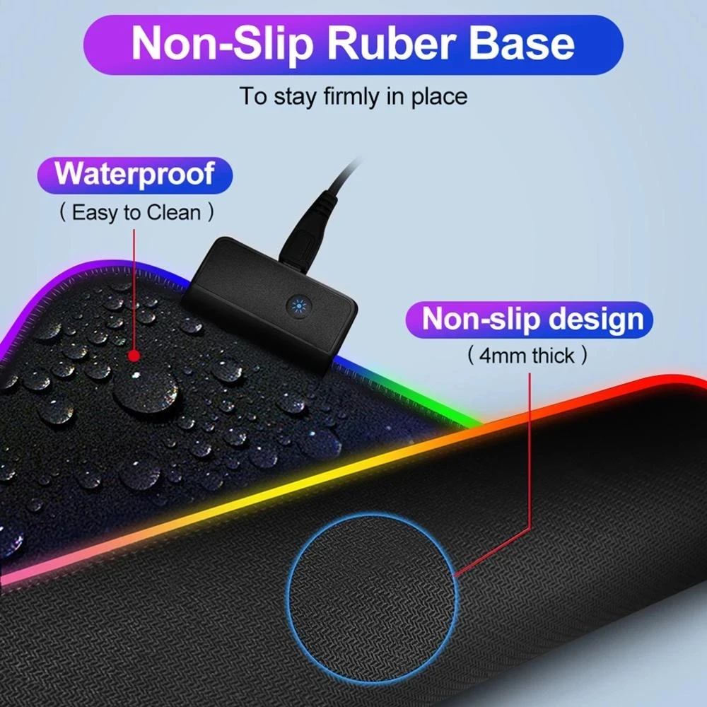 RGB Gaming Mouse Pad LED Light Mouse Pad Comfortable Non Slip Mice Mat Soft Mousepad Non-slip Rubber Base For PC Laptop Computer
