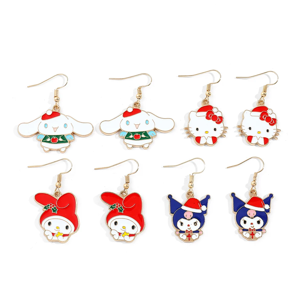 Anime Sanrio Hello Kitty Earrings Cartoon Figure Christmas Kuromi Melody Metal Badge Pendant Ear Drop Earrings Kawaii Jewelry