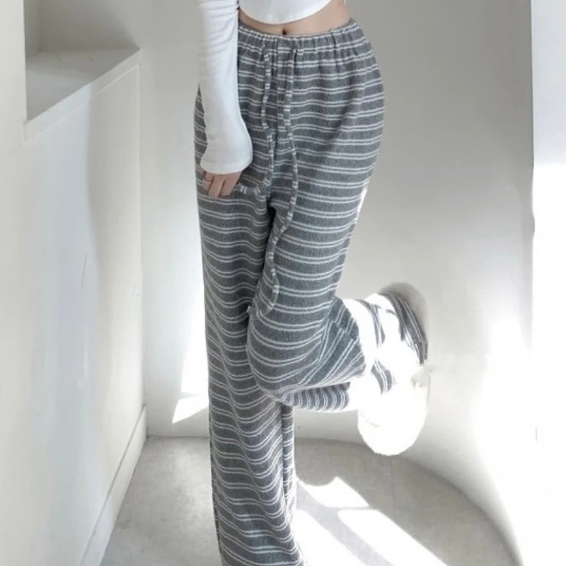 

Брюки с широкими штанинами в полоску, с низкой насыщенностью цвета, новинка, эффект похудения, повседневные прямые брюки с завышенной талией