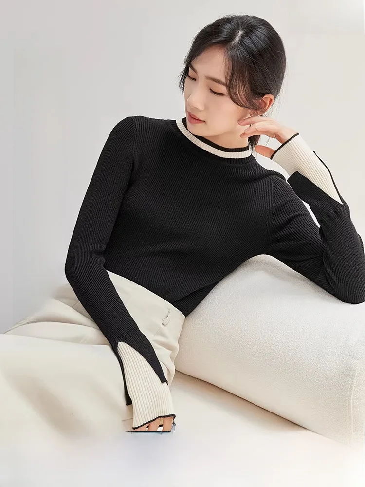 

Faionable Commute Knitted Sweater Women's Spring 2026 New f High Collar Splice Cuff Slim Long Sve Overhead Top