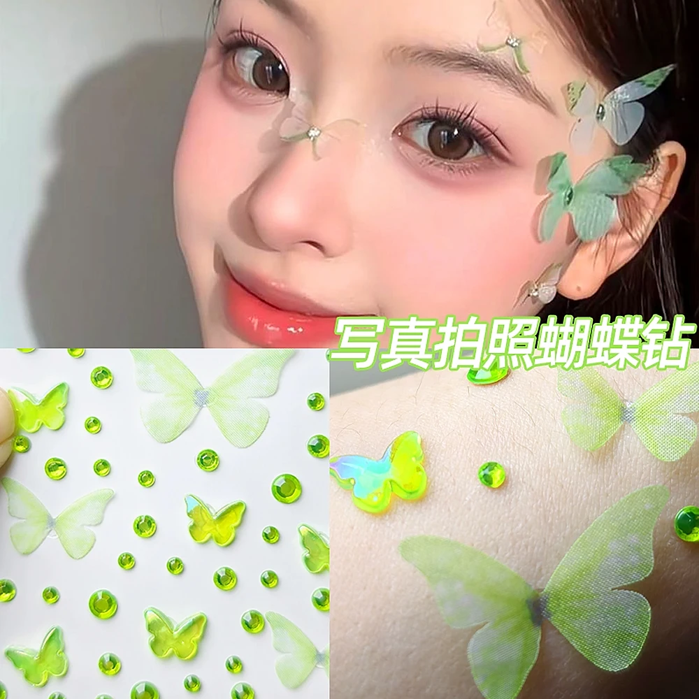 1pcs Green Elf Butterfly Rhinestone Face Stickers Kawaii Self Adhesive Weaving Butterfly Decor For Stage Concert Makeup Supplies