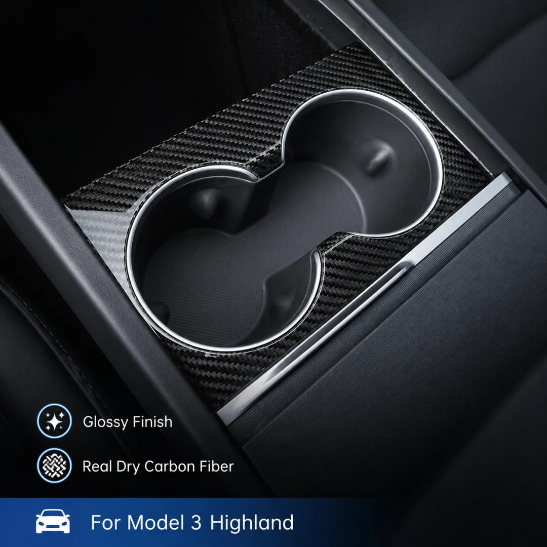 Real Dry Carbon Fiber Front Cup Holder Cover Trim for Tesla Model 3 Highland 2024+ Glossy Matte Interior Decoration Accessory.