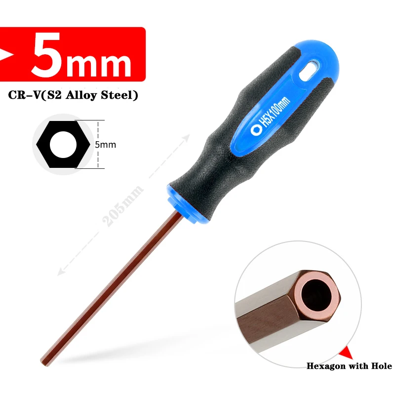 H3 H4 H5 H6 Hex Screwdriver with Hole CR-V Flat Hexagon Screw Driver Hex Allen Key Bolt Driver Screw-driving Hand Tools 1 Piece