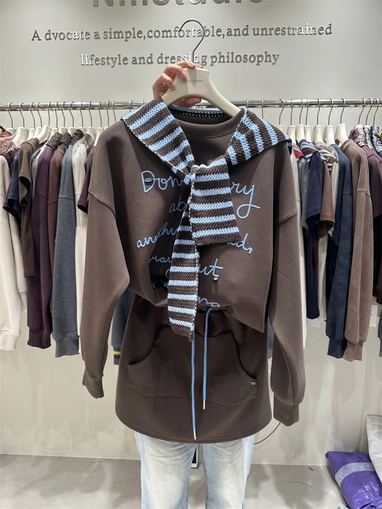 Oversized Casual Sweatshirts Skirt Suit Women Autumn Winter New Fashionable Versatile Heavy Embroidery Letter Loose 2-Piece Set