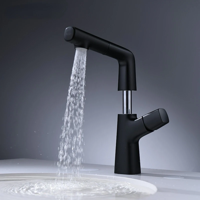 Copper body black pull-out faucet, lifting, rotating, stretching basin, hot and cold wash basin faucet