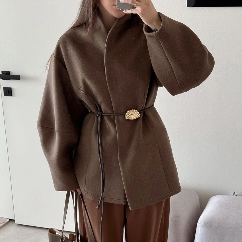 

Linad Elegant Brown Shell Button Jackets For Woman Street Chic Loose Turtleneck Coat Women Casual Lace Up Outerwear 2025 Autumn