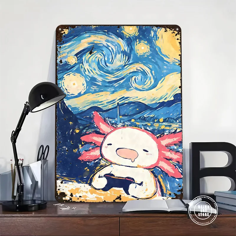 Axolotl Gaming Notte stellata Poster in metallo Targhe in metallo Arte della parete Decorazione della camera da letto a casa Targa in metallo personalizzata per la decorazione domestica